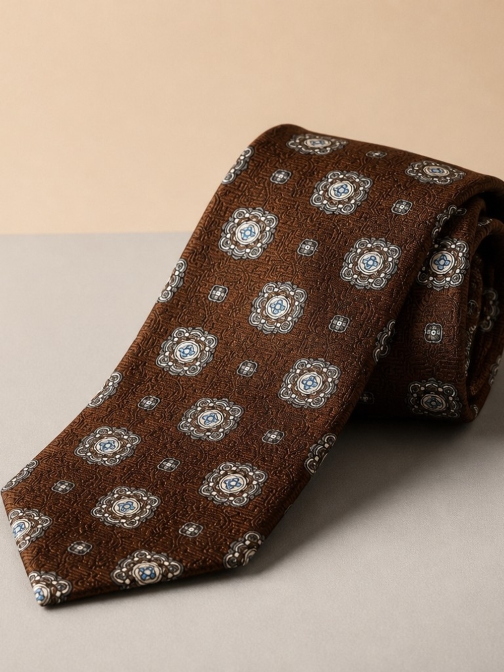 Jos. A. Bank Brown Medallion Silk Tie with Blue Accents